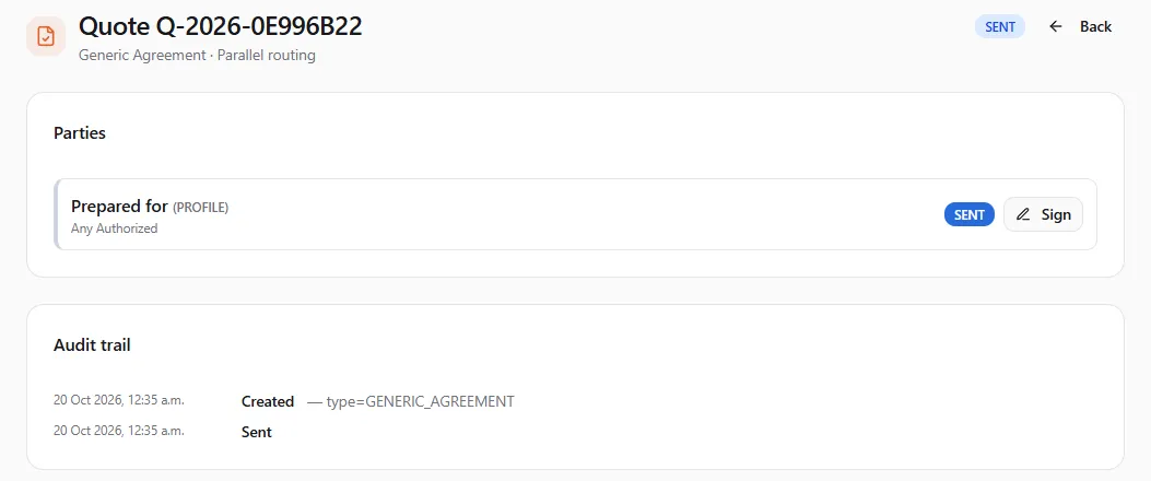 The contract page for Quote Q-2026-0E996B22, a Generic Agreement with one party, Prepared for, marked SENT with a Sign button