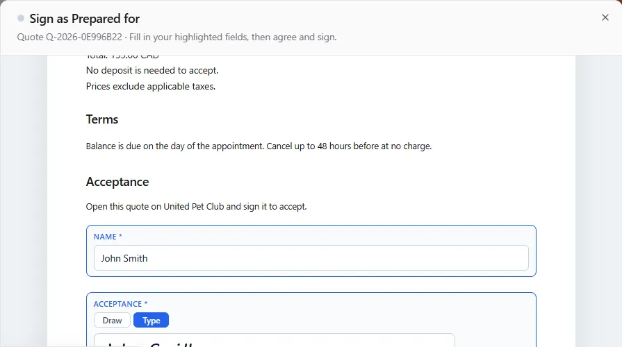 Sign as Prepared for: the contract shows the total, No deposit is needed to accept, the Terms and the Acceptance section, with the Name field filled in as John Smith and the signature set to Type
