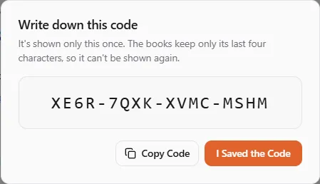 The Write down this code dialog showing a made code once, with Copy Code and I Saved the Code