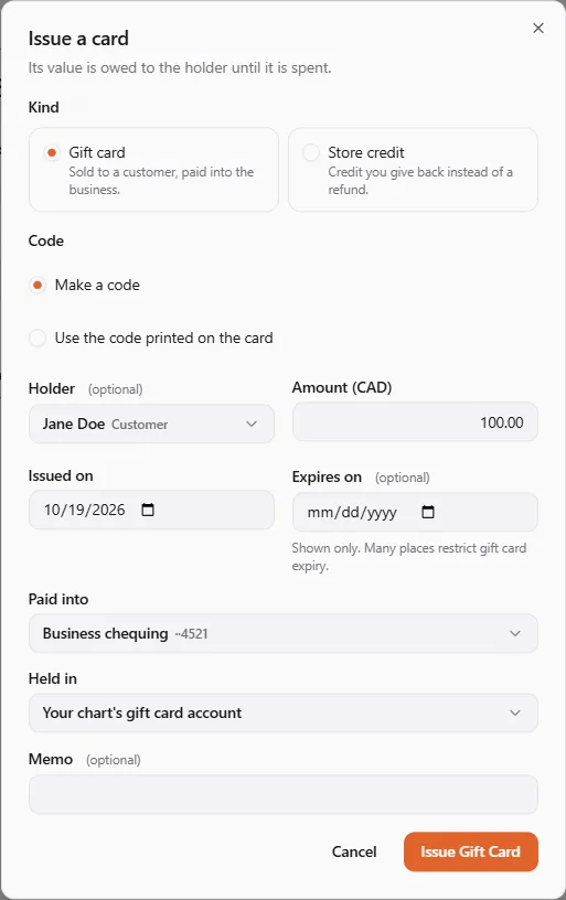 The Issue a card dialog: kind Gift card, code Make a code, holder Jane Doe, amount 100.00 CAD, issued on 10/19/2026, paid into Business chequing and held in the chart's gift card account