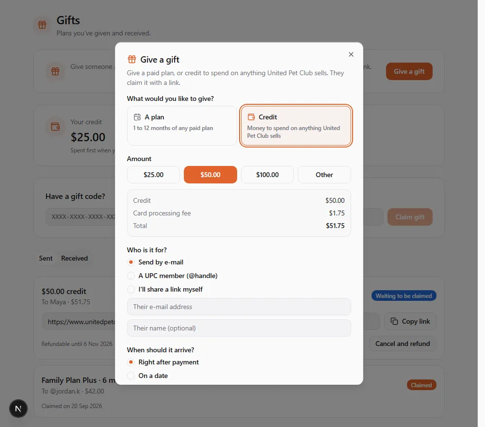 The Give a gift dialog with Credit chosen: the $25.00, $50.00, $100.00 and Other amount buttons with $50.00 selected, and the summary Credit $50.00, Card processing fee $1.75, Total $51.75, above "Who is it for?"