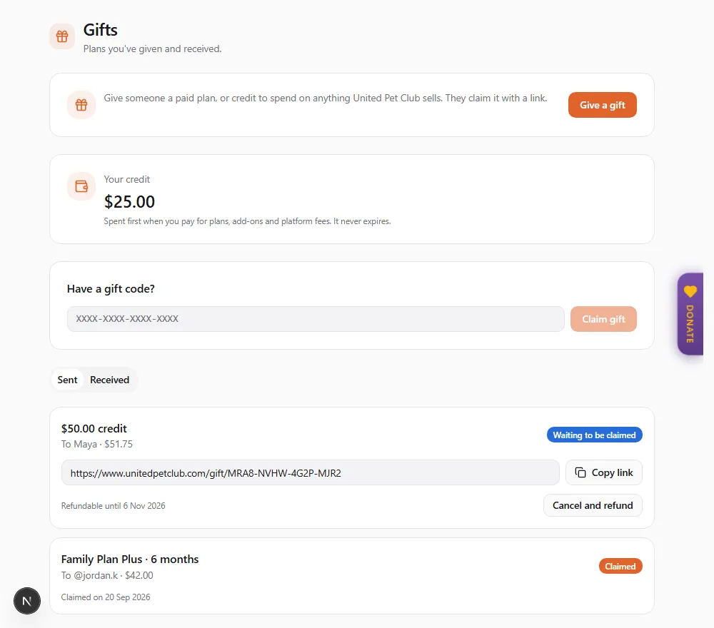 The Gifts page: the "Give a gift" button, the Your credit card showing $25.00 with "Spent first when you pay for plans, add-ons and platform fees. It never expires.", the "Have a gift code?" box, and the Sent tab with a $50.00 credit gift waiting to be claimed and a Family Plan Plus gift that was claimed