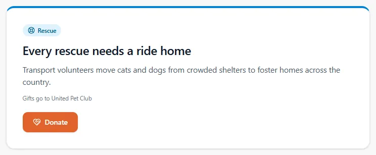 An appeal on the About page, shown on its own: a blue "Rescue" badge, the title "Every rescue needs a ride home", its text, "Gifts go to United Pet Club" and a Donate button