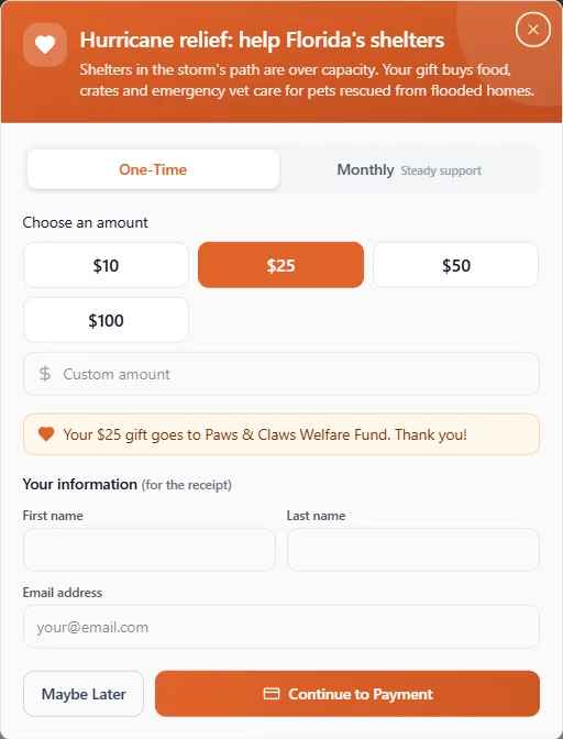 The donation window opened from the appeal: the appeal's title at the top, One-Time selected, the $25 amount chosen, and the line "Your $25 gift goes to Paws & Claws Welfare Fund. Thank you!"
