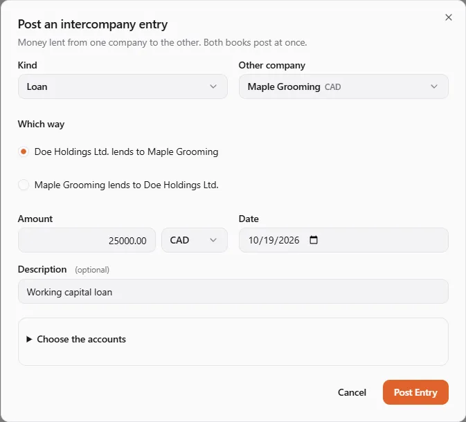 The Post an intercompany entry dialog in Doe Holdings Ltd.: kind Loan, other company Maple Grooming, Doe Holdings Ltd. lends to Maple Grooming, amount 25000.00 CAD, description Working capital loan, and Choose the accounts folded