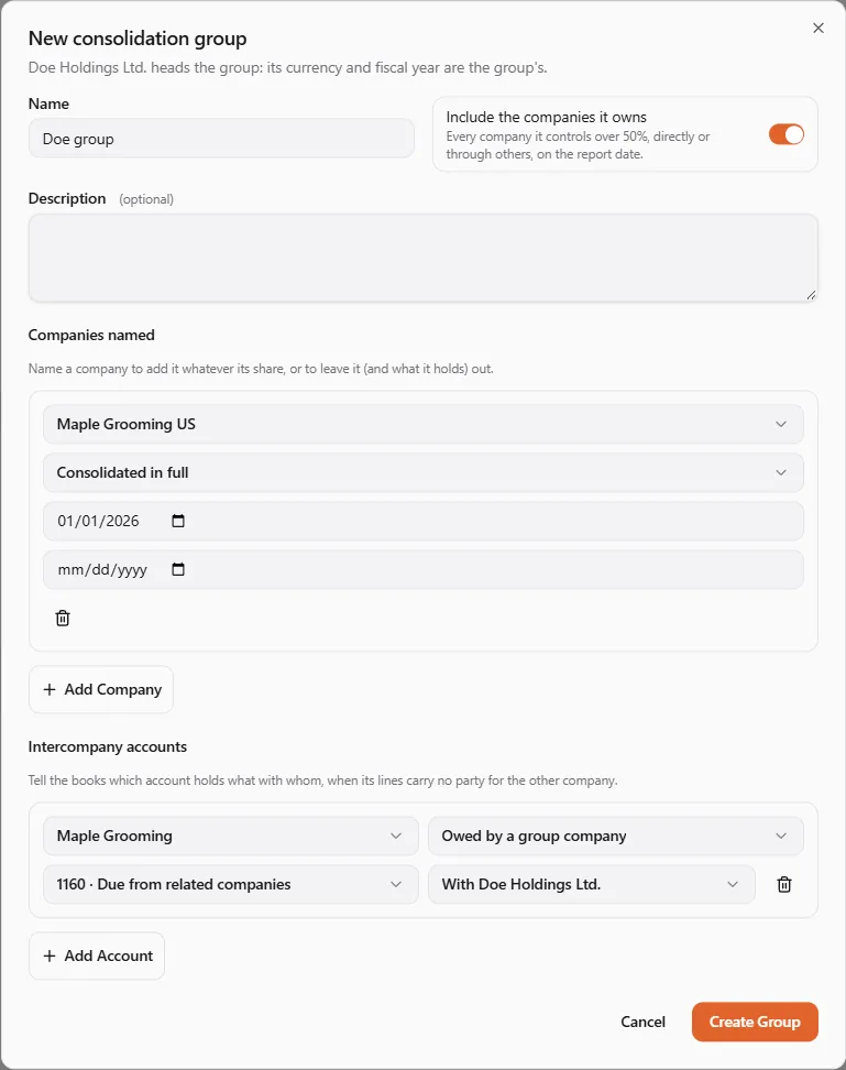 The New consolidation group dialog for Doe Holdings Ltd.: name Doe group, include the companies it owns switched on, one company named (Maple Grooming US, consolidated in full), and one intercompany account (Maple Grooming, owed by a group company, 1160 Due from related companies, with Doe Holdings Ltd.)