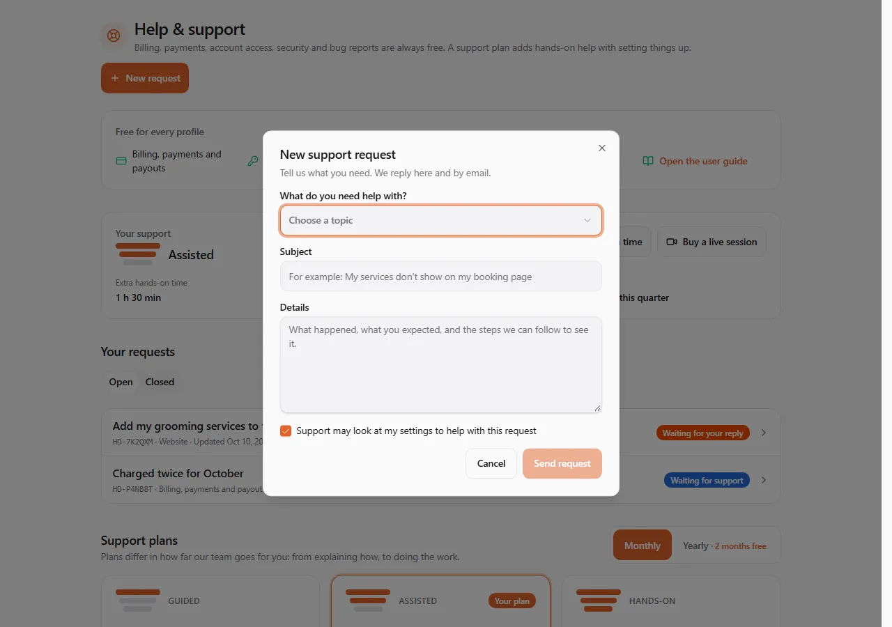 The New support request dialog with the topic list, subject, details and the settings permission box
