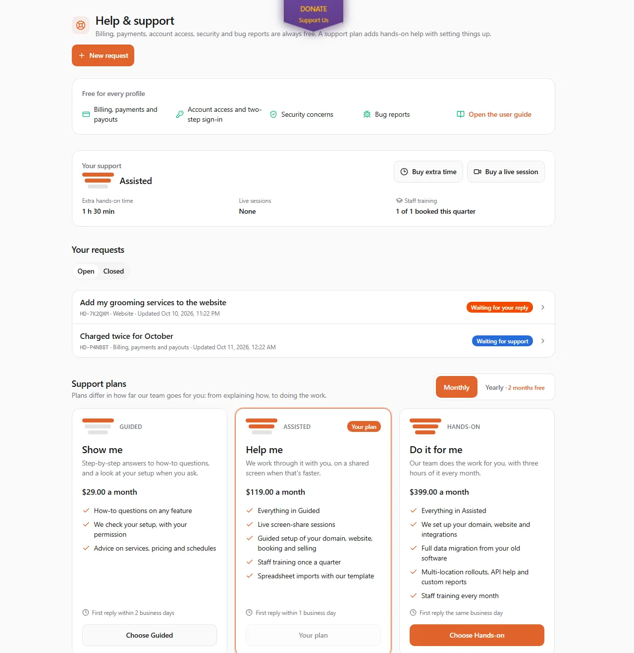 The Help & support page: the free support list, the Your support card on the Assisted plan with Buy extra time and Buy a live session, two open requests, and the three support plans Show me, Help me and Do it for me with their monthly prices