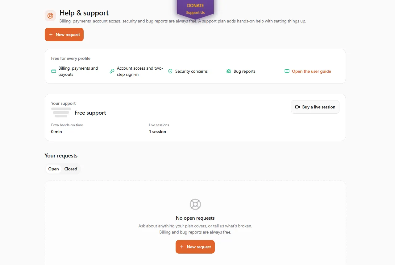 A personal profile: the free support list and a note that support plans are for business profiles