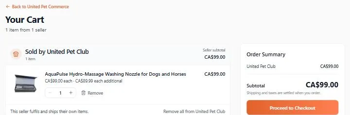 The United Pet Club cart after coming from a business's website: a Back to United Pet Commerce link above Your Cart, with the product and the order summary