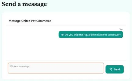 A website's Send a message section showing a conversation with United Pet Commerce: the visitor's message on the right, labelled You, and the message box with a Send button
