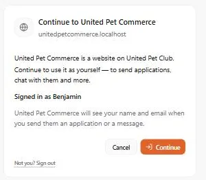 The United Pet Club page asking "Continue to United Pet Commerce" for the website unitedpetcommerce.localhost, showing who is signed in, with Cancel and Continue buttons