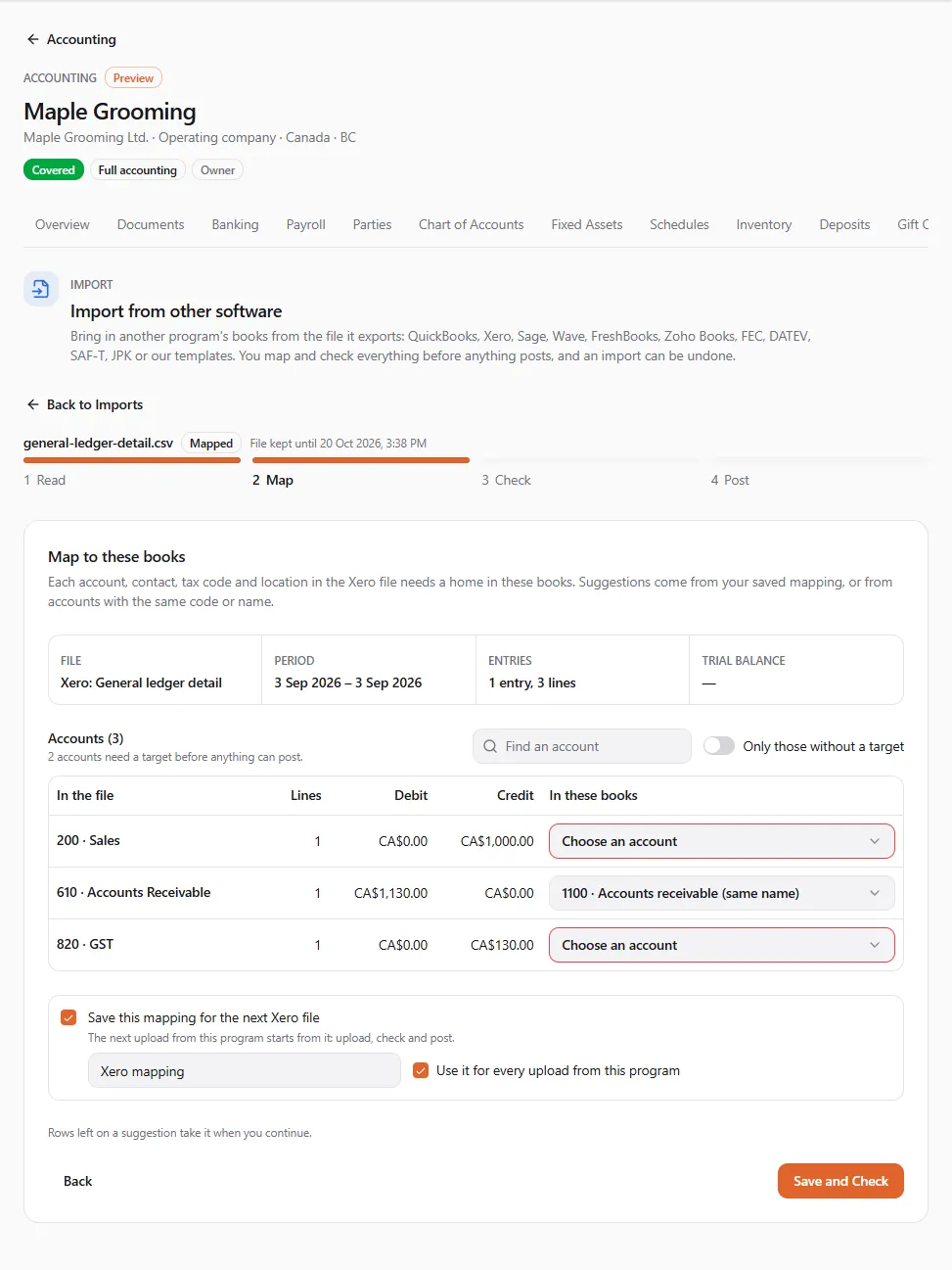 Step 2 Map: the file's accounts 200 Sales, 610 Accounts Receivable (on 1100 Accounts receivable, same name) and 820 GST with Choose an account, the note that 2 accounts need a target, and Save this mapping for the next Xero file