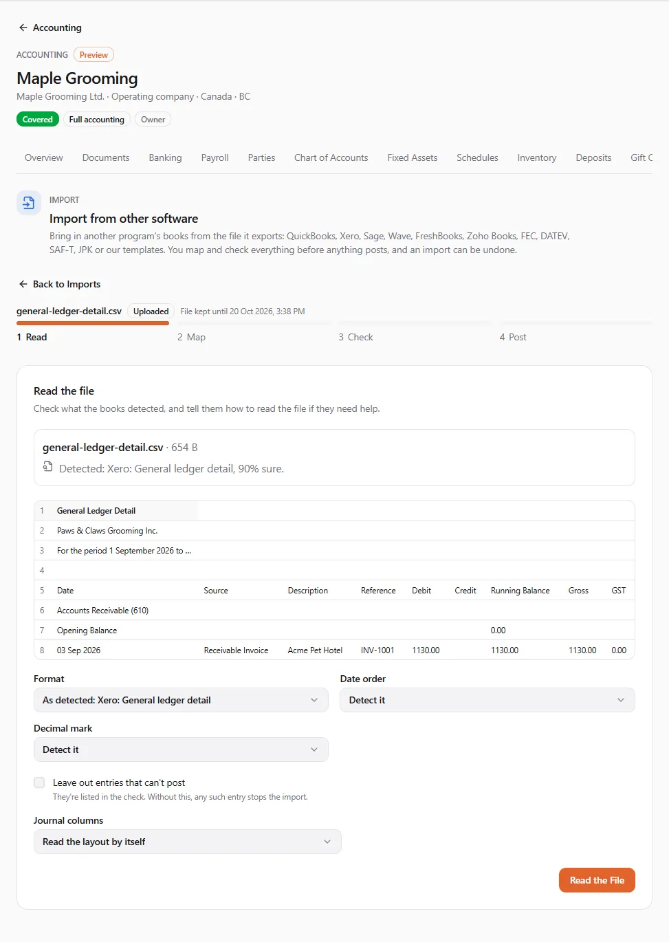 Step 1 Read of the import wizard for a Xero file: detected as Xero: General ledger detail, 90% sure, the first rows of the file, the format as detected, the date order and decimal mark, Leave out entries that can't post unticked, and the step bar Read, Map, Check, Post