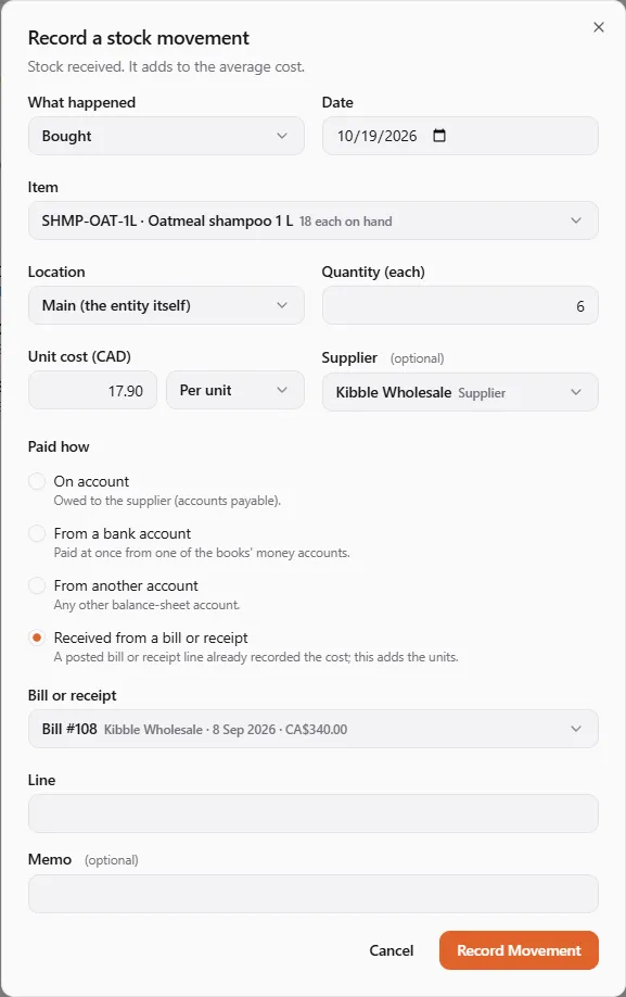 The Record a stock movement dialog for a purchase: item Oatmeal shampoo 1 L at the main location, quantity 6, unit cost 17.90 per unit, supplier Kibble Wholesale, and Paid how set to Received from a bill or receipt with Bill #108