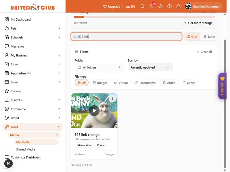 My Media with a video link: the card shows the video's cover with a play button, the title E2E link change, its YouTube address, the External video and Private badges, and YouTube where a file shows its size