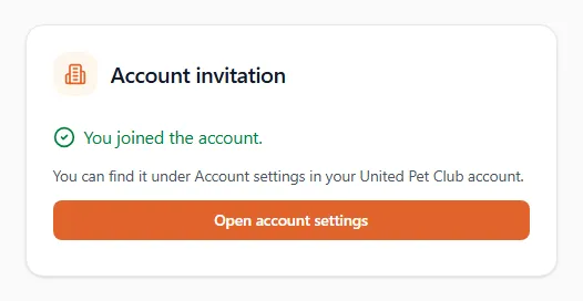 The page after accepting: "You joined the account." and the Open account settings button