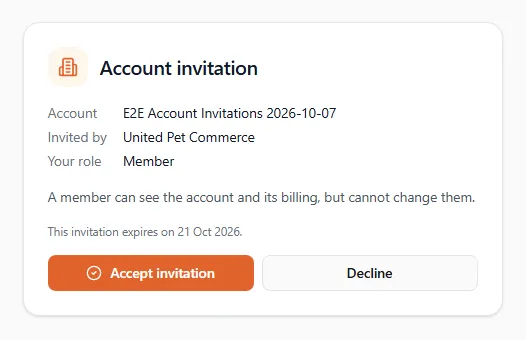 The account invitation page: the account's name, who invited you, the role, what a member can do, the expiry date, and the Accept invitation and Decline buttons