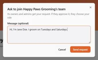The "Ask to join … team" dialog with a short message typed and the Send request button