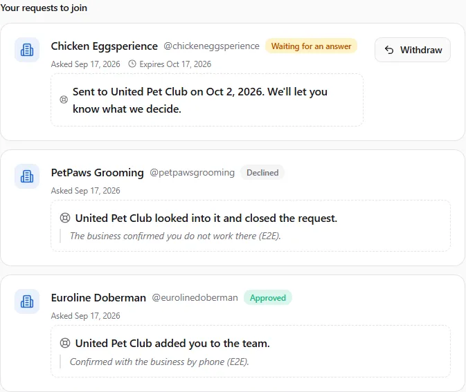 The request card after sending, saying "Sent to United Pet Club on Oct 2, 2026. We'll let you know what we decide."