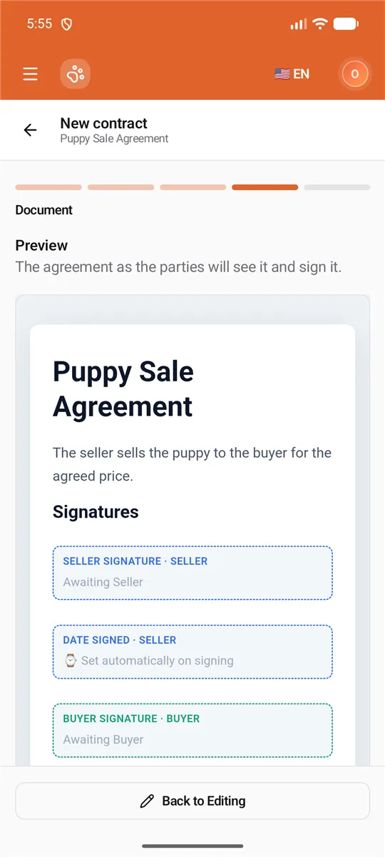 Preview: the agreement on its page, with the Seller's and Buyer's signature fields awaiting them