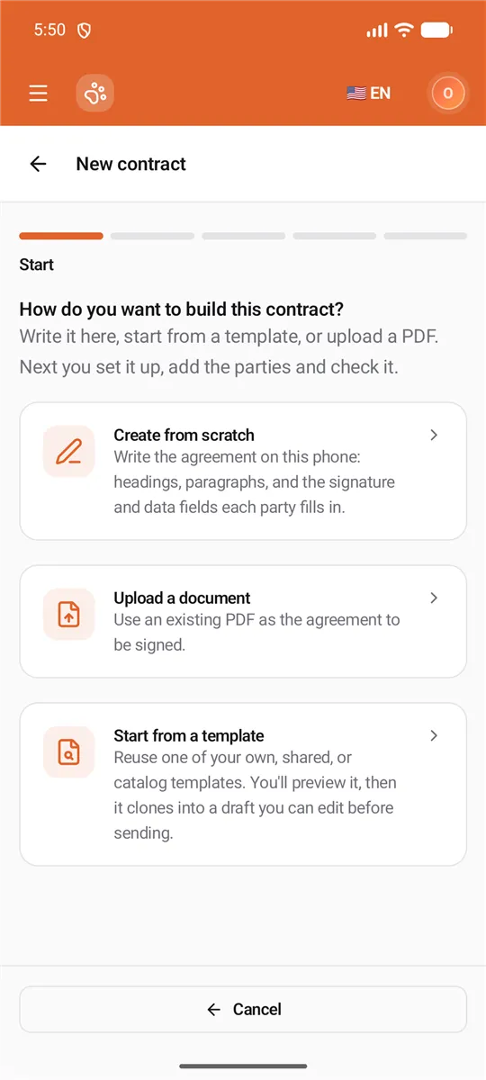 The Start step: Create from scratch, Upload a document, and Start from a template