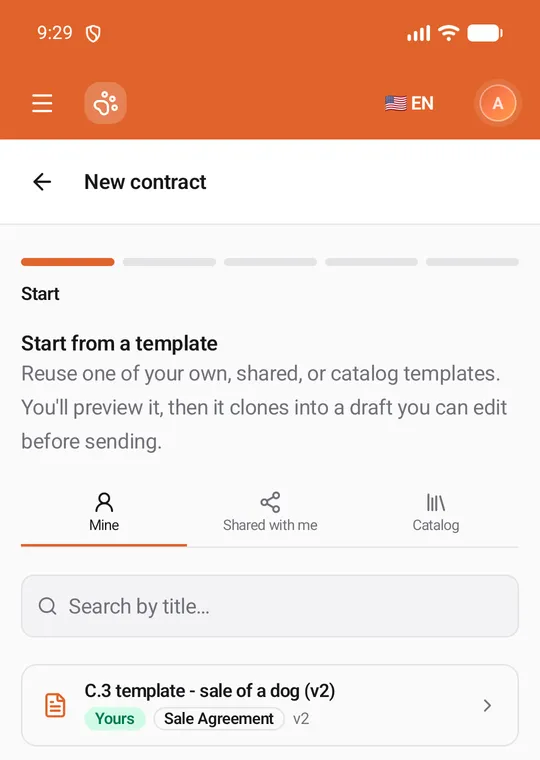 Start from a template: the Mine, Shared with me and Catalog tabs, search, and one of your templates