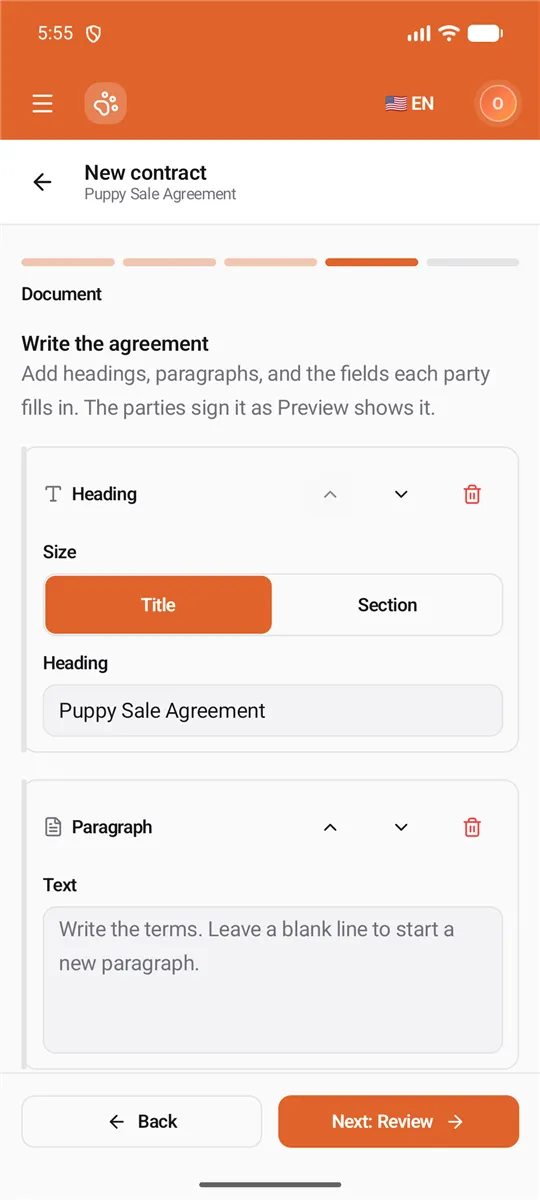 Write the agreement: the title heading, a paragraph to write in, then the Add buttons and Preview further down