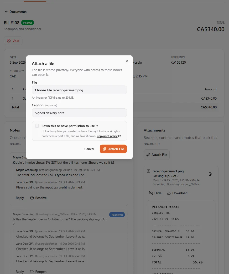 Bill #108 with the Attach a file dialog open (a photo chosen, the caption Signed delivery note and the rights box), and behind it the Attachments card showing an attached receipt photo in place with Hide and Download