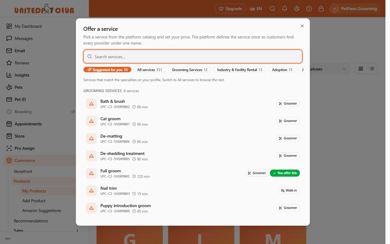 The Offer a service picker for a grooming profile: Suggested for you is selected, showing the grooming services with Groomer and Walk-in badges, and one marked You offer this