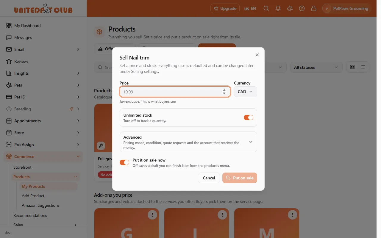 The Sell dialog for Nail trim, with the price field, unlimited stock, and Put on sale