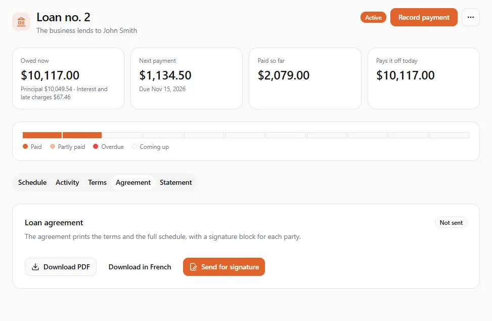 The Agreement tab: Loan agreement, not sent, with Download PDF, Download in French and Send for signature