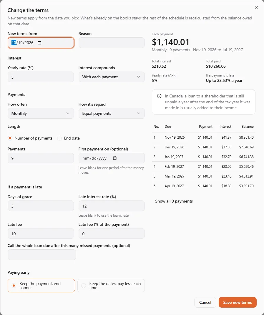 Change the terms: new terms from 10/19/2026 at 5% monthly over 9 payments, with the new schedule beside it (each payment $1,140.01 from Nov 19, 2026)