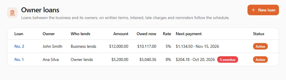 Owner loans: loan no. 2, the business lends John Smith $12,000.00 at 5%, next payment $1,134.50 on Nov 15, 2026; loan no. 1, Ana Silva lends $5,200.00 at 8%, next payment $204.18 on Oct 20, 2026 with 5 overdue