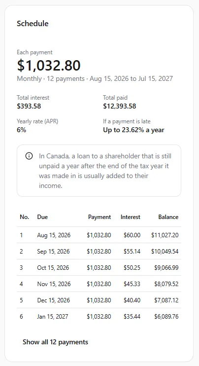 The schedule for those terms: each payment $1,032.80, monthly, 12 payments from Aug 15, 2026 to Jul 15, 2027, total interest $393.58, total paid $12,393.58, yearly rate 6%, up to 23.62% a year if a payment is late, and the Canadian shareholder-loan note