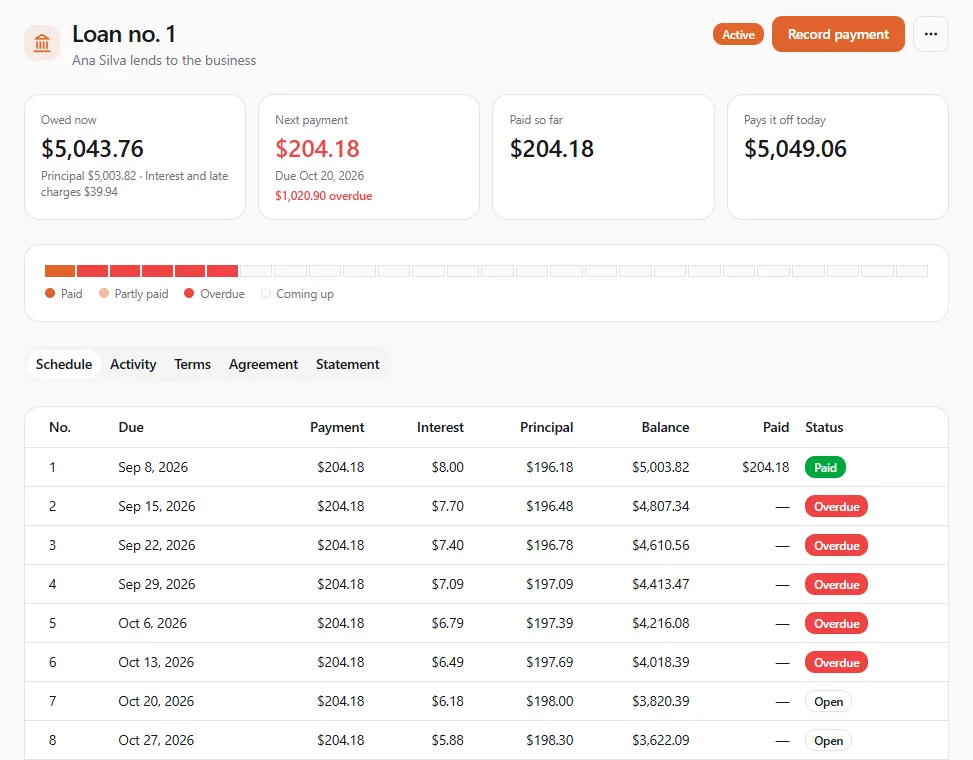 Loan no. 1 with five overdue payments: the next payment $204.18 in red with $1,020.90 overdue, the strip with one paid and five overdue blocks, and the schedule marking payments 2 to 6 Overdue