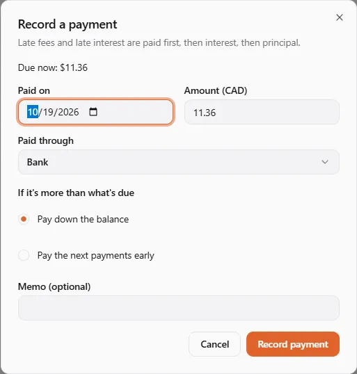 Record a payment: Late fees and late interest are paid first, then interest, then principal. Due now $11.36; paid on 10/19/2026, amount $11.36, paid through the bank, extra pays down the balance