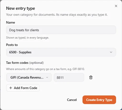 The New entry type dialog: name Dog treats for clients, posts to 6500 Supplies, and one tax form code GIFI 8811