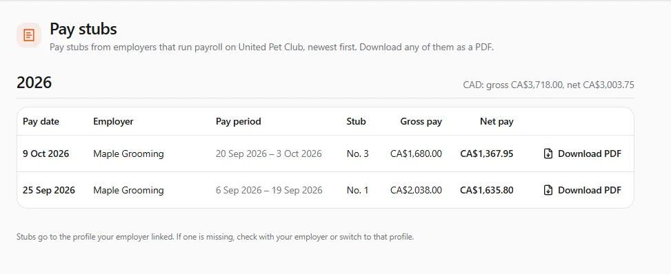 Jane Doe's Pay stubs page: the 2026 total for CAD (gross CA$3,718.00, net CA$3,003.75), two stubs from Maple Grooming with their pay dates, pay periods, stub numbers, gross and net pay and Download PDF, and the note about the profile the employer linked