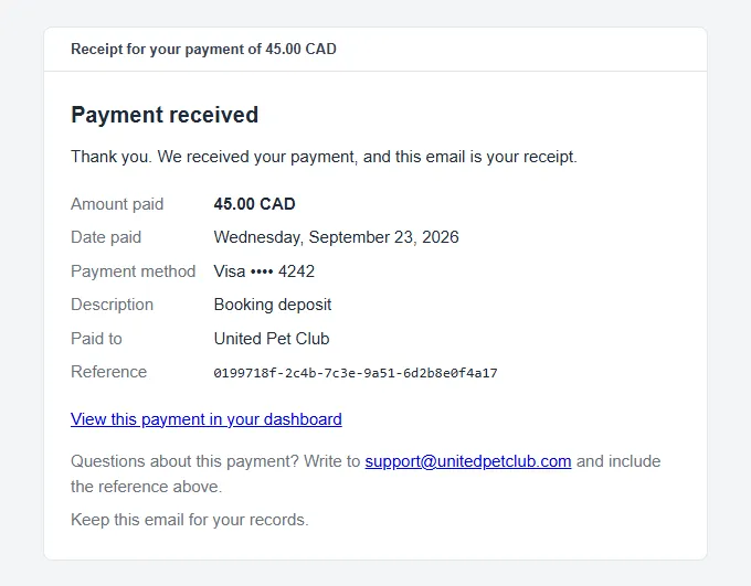 A payment receipt e-mail titled "Payment received", listing the amount paid (45.00 CAD), the date, the card (Visa ending 4242), the description "Booking deposit", who was paid, and the payment reference, with a link to view the payment in the dashboard