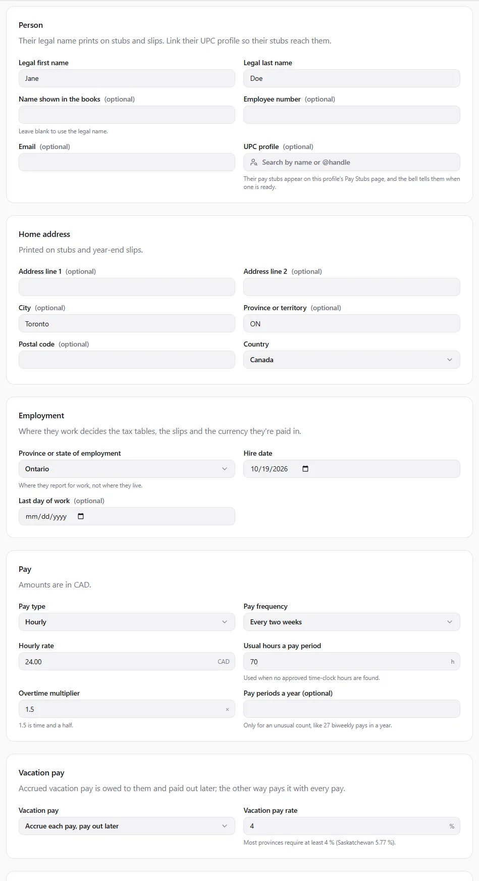 The Add an employee form for Jane Doe: person, home address in Toronto, ON, employment in Ontario, pay type Hourly every two weeks at 24.00 CAD for 70 usual hours a pay period, overtime 1.5, and vacation pay accrued at 4 %