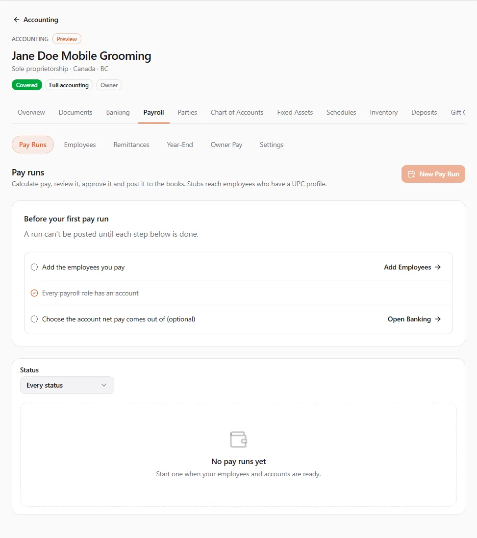 The Payroll tab of Jane Doe Mobile Grooming before its first run: the section bar, the Before your first pay run checklist (add the employees you pay, every payroll role has an account done, choose the account net pay comes out of) and No pay runs yet