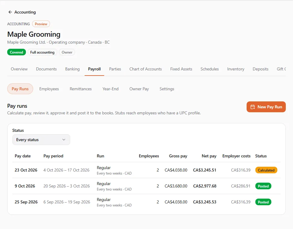 The Pay runs list of Maple Grooming Ltd.: one calculated run for 23 Oct 2026 and two posted runs, each with its pay period, kind, schedule, 2 employees, gross pay, net pay, employer costs and status, the Status filter on Every status and New Pay Run