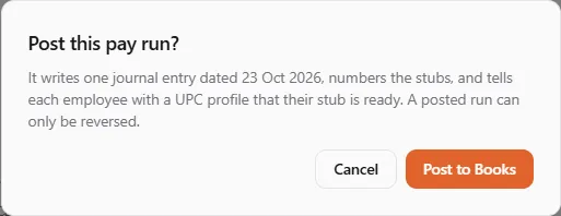 The Post this pay run? confirmation: one journal entry dated 23 Oct 2026, the stubs numbered and employees with a UPC profile told, with Cancel and Post to Books
