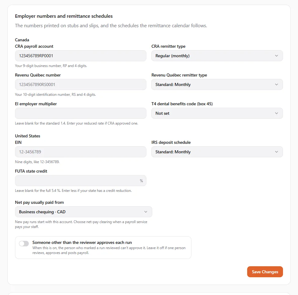 The Employer numbers and remittance schedules card of Maple Grooming Ltd.: the CRA payroll account 123456789RP0001, CRA remitter type Regular (monthly), the Quebec and US fields, net pay usually paid from Business chequing, and the separate approver switch