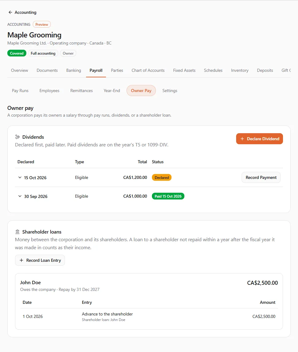 Owner pay of Maple Grooming Ltd., a corporation: a declared eligible dividend of CA$1,200.00 with Record Payment and a paid one of CA$1,000.00, and the shareholder loan of John Doe, who owes the company CA$2,500.00, repay by 31 Dec 2027