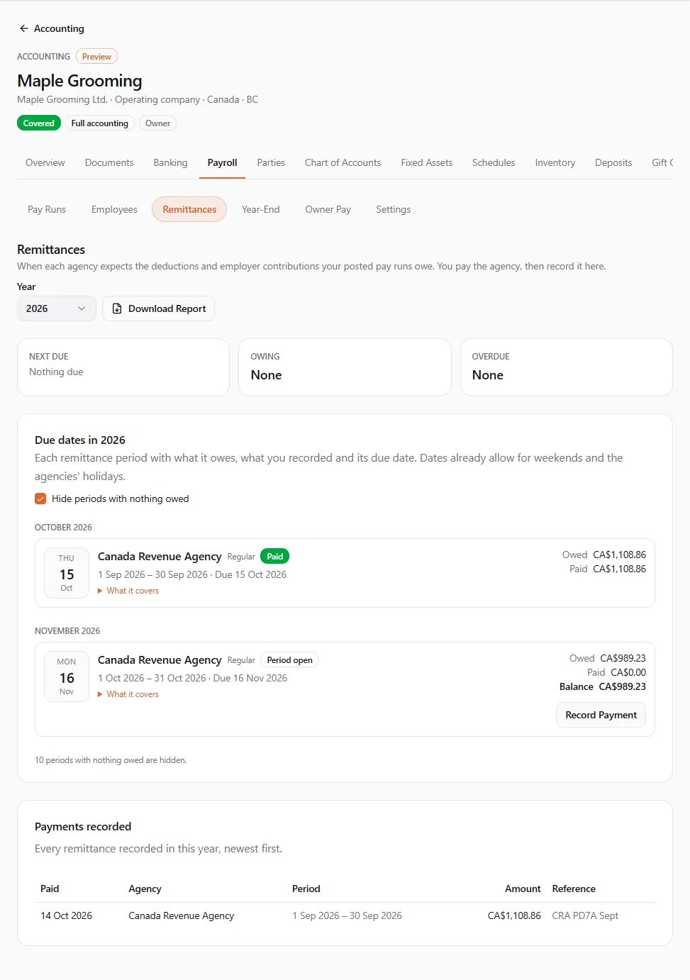 The 2026 remittance calendar of Maple Grooming Ltd.: nothing due or overdue, the September CRA period paid (CA$1,108.86), the October period open with CA$989.23 owing by 16 Nov 2026 and Record Payment, and the payments recorded
