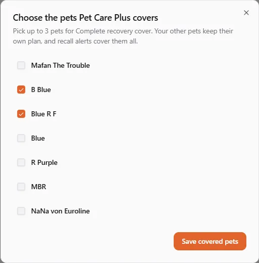 Choose the pets Pet Care Plus covers: a list of pets with check boxes, two ticked, and Save covered pets