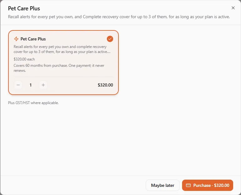The purchase window for 5 years: one payment that covers 60 months from purchase and never renews, with the total and Plus GST/HST where applicable