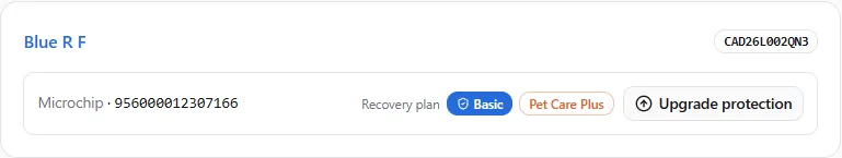 An ID row on My Pet IDs: its own Basic recovery plan and the Pet Care Plus label